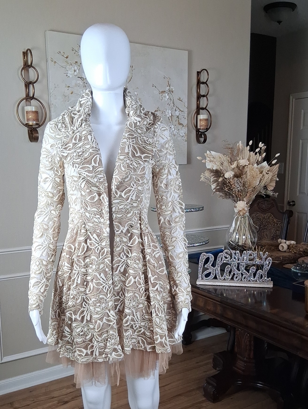 Women's Ivory And Tand Floral Lace Fit-and-Flare Coat Dress Tulle Trim Small - Picture 5 of 16